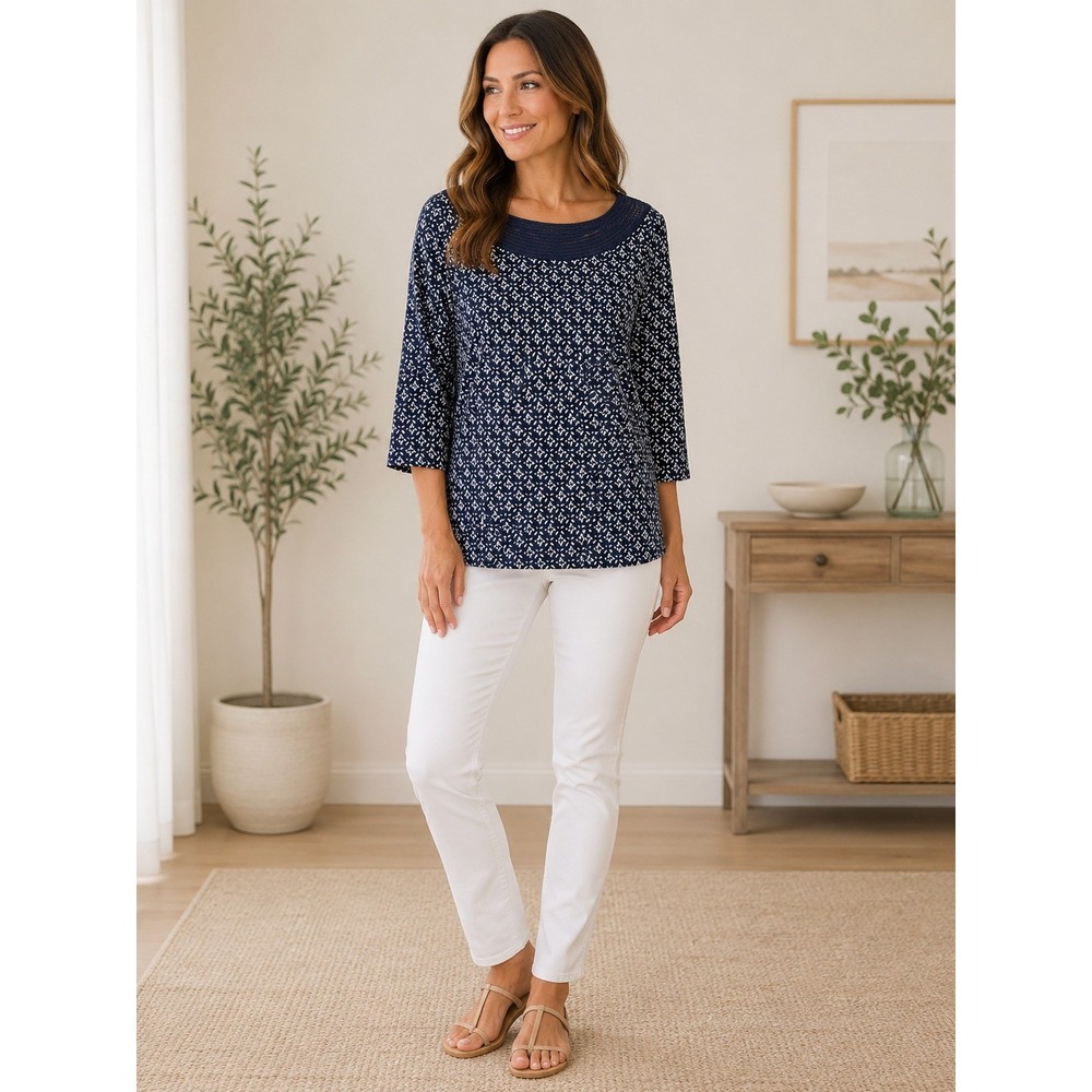 Lauren Ralph Lauren Navy White Geometric Crochet Trim Boat Neck 3/4 Sleeve Top